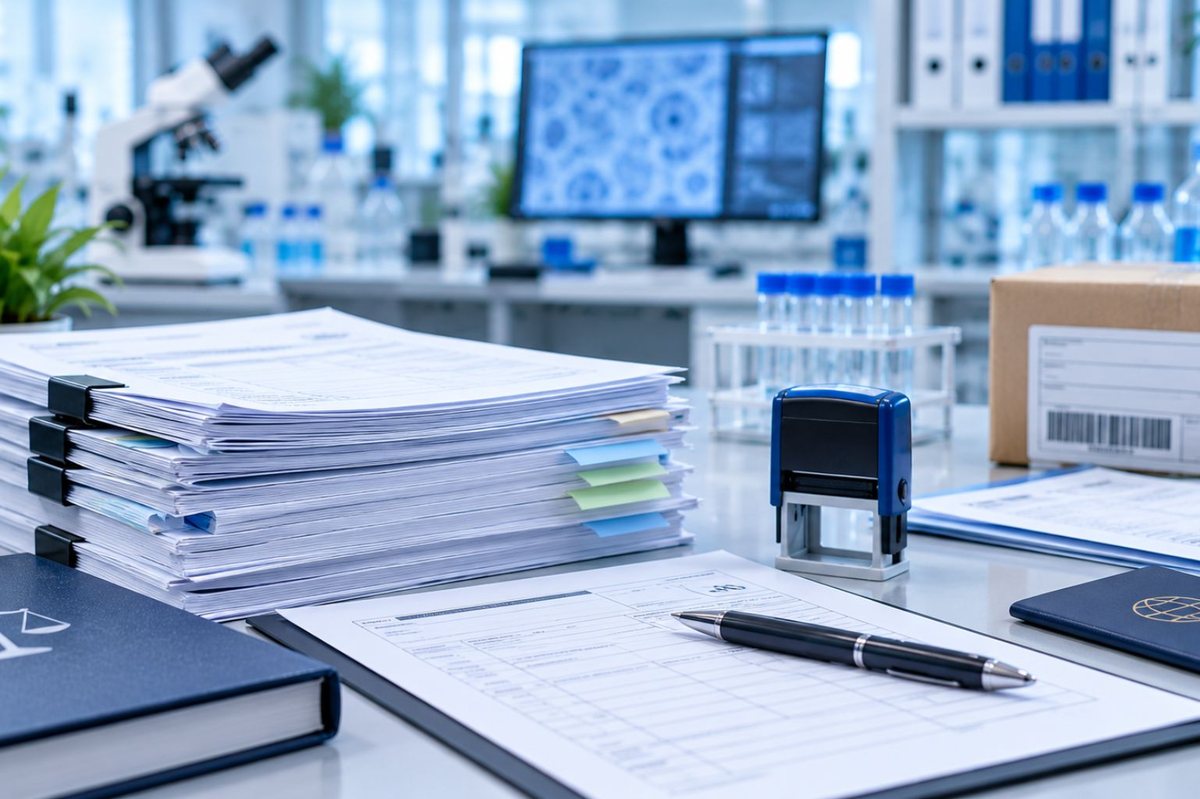 Stack of stamped documents on a laboratory desk