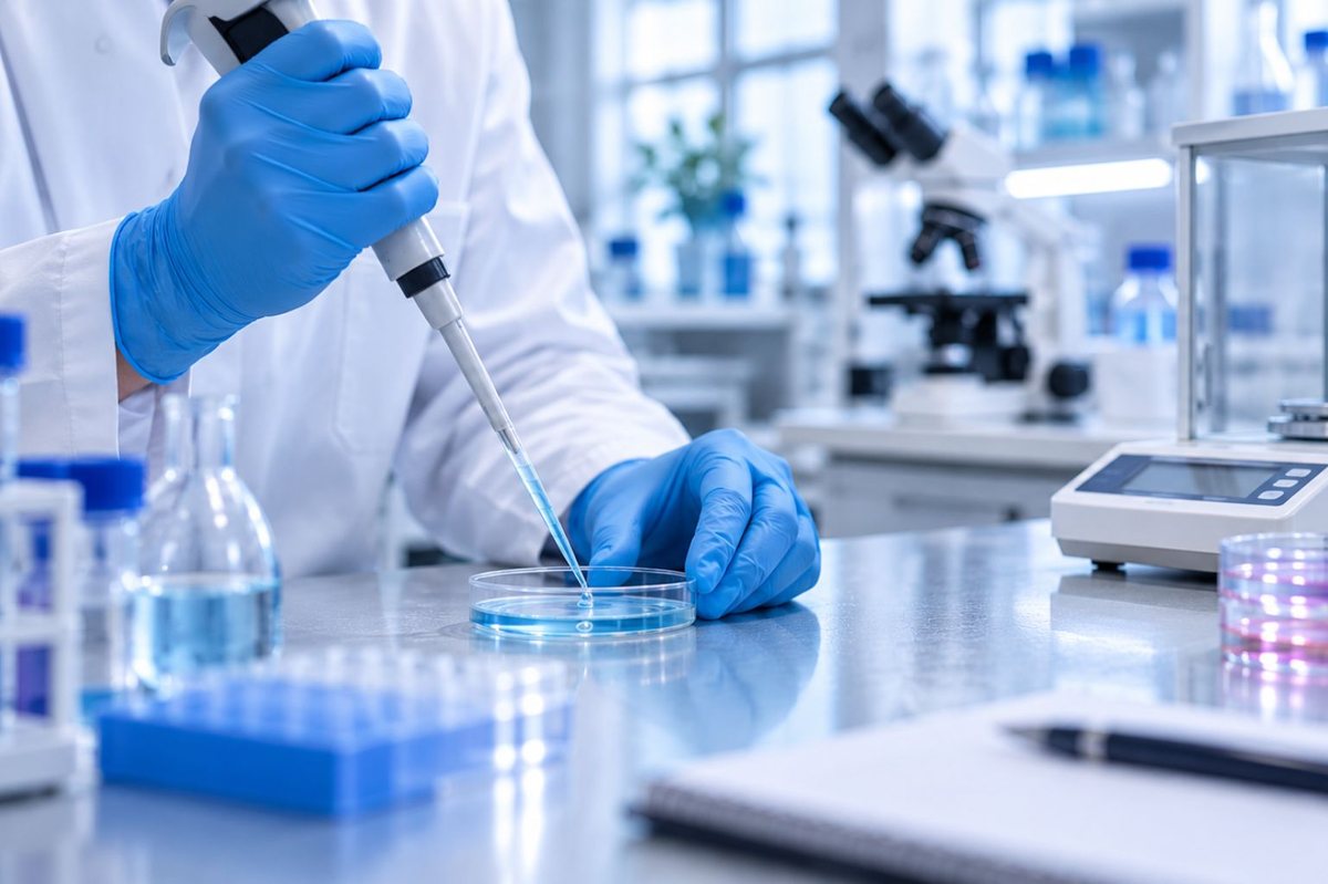 Researcher weighing peptides on an analytical balance