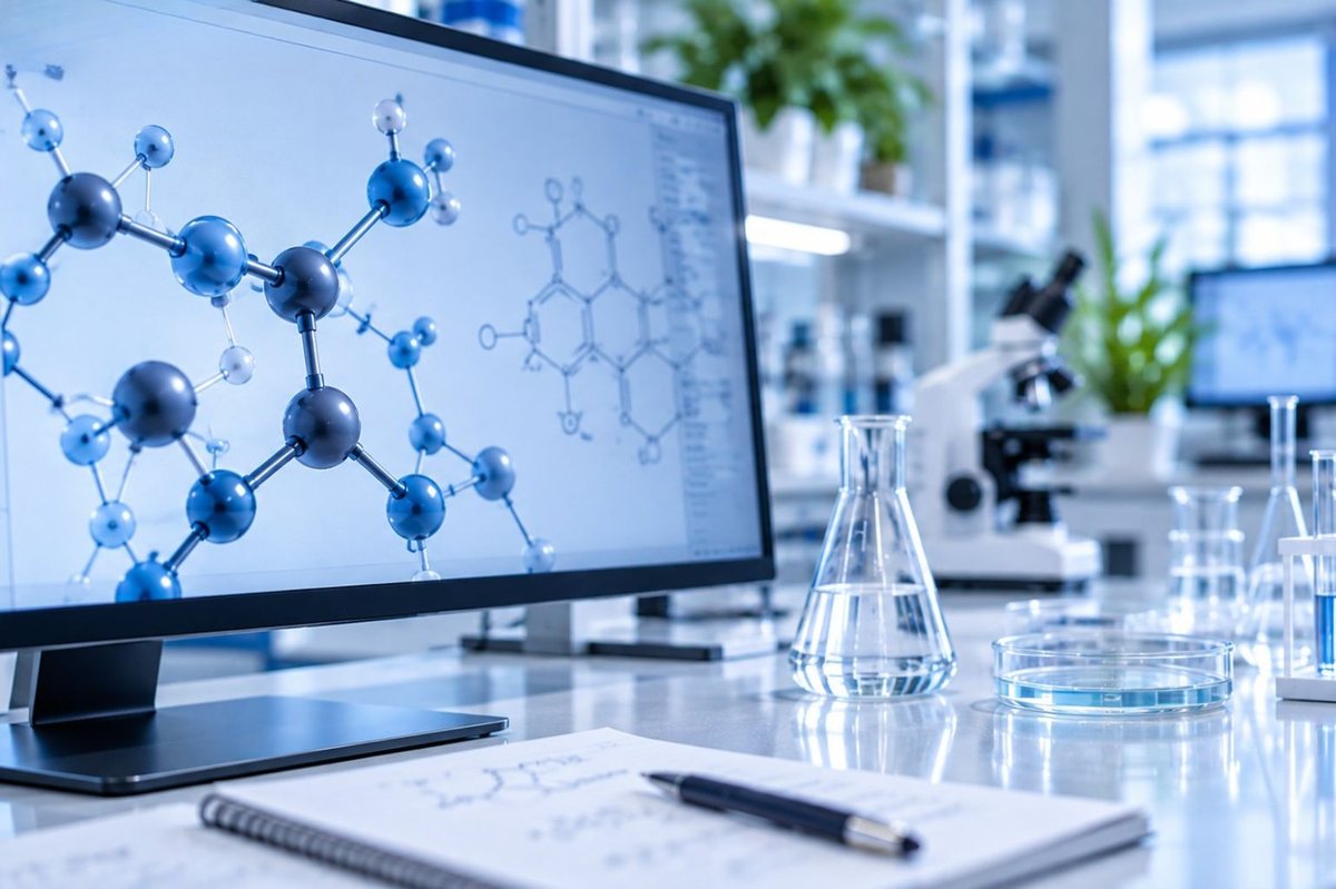 Molecular structure model on a laboratory screen