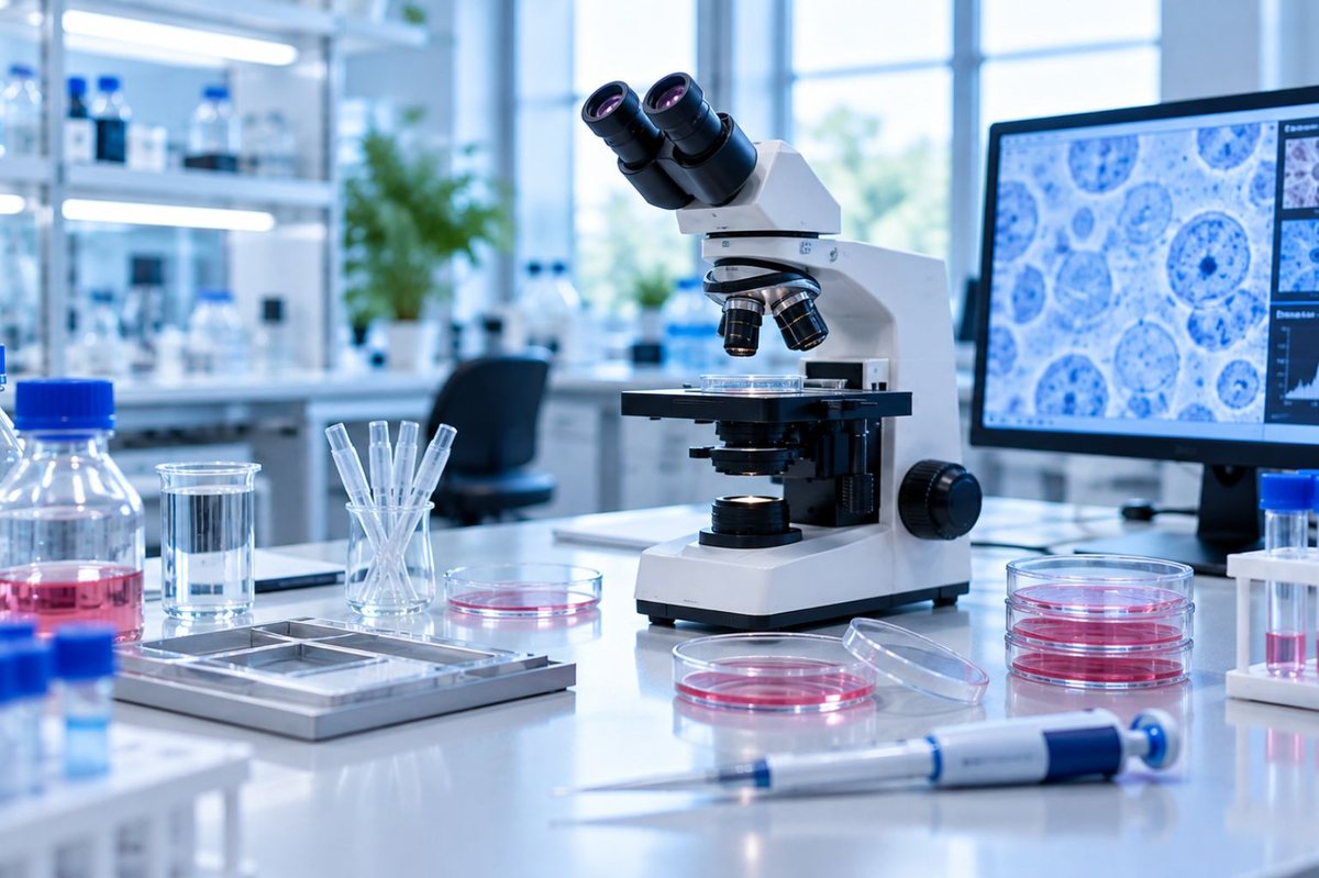 Microscope, petri dishes and cell cultures in a laboratory