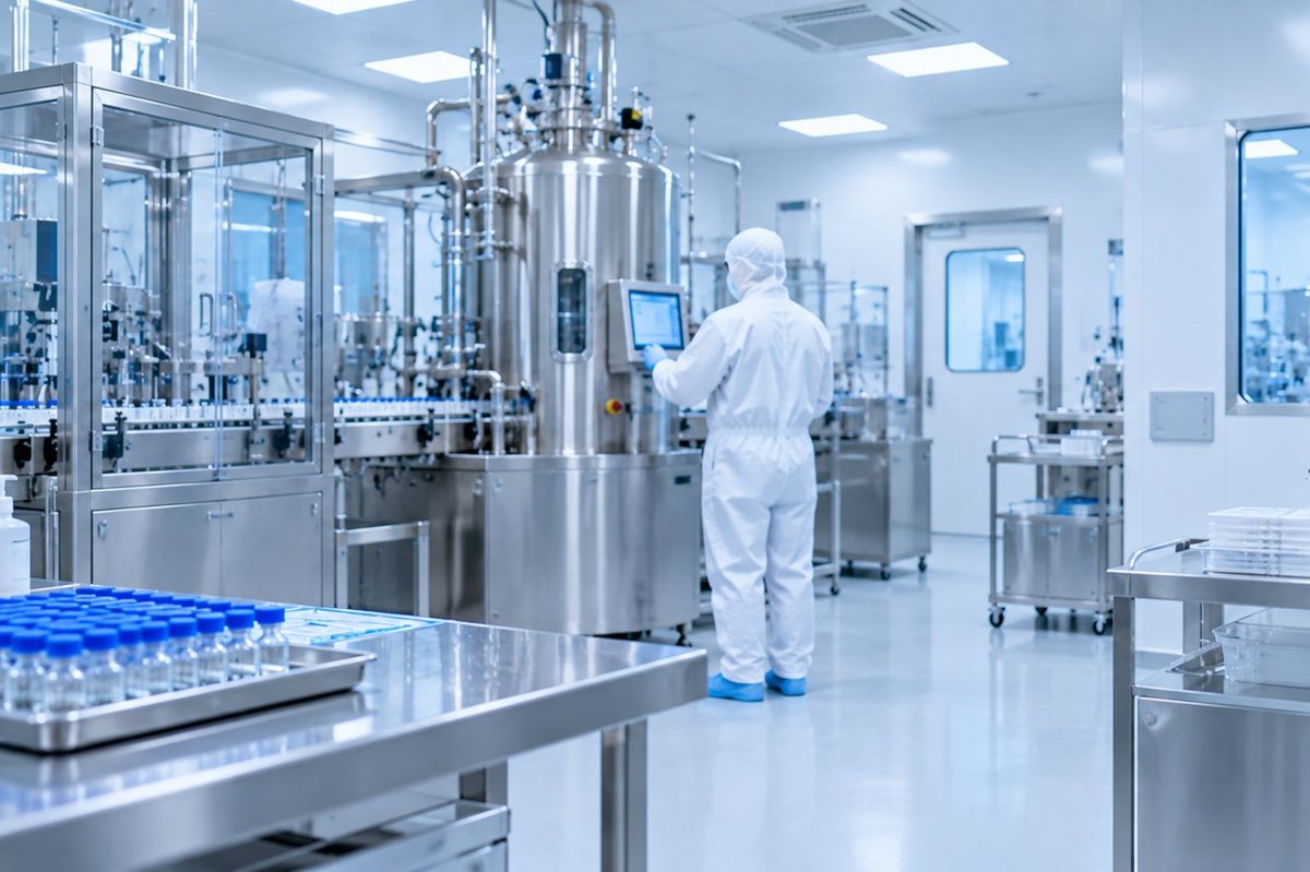 Sterile production room with stainless steel equipment