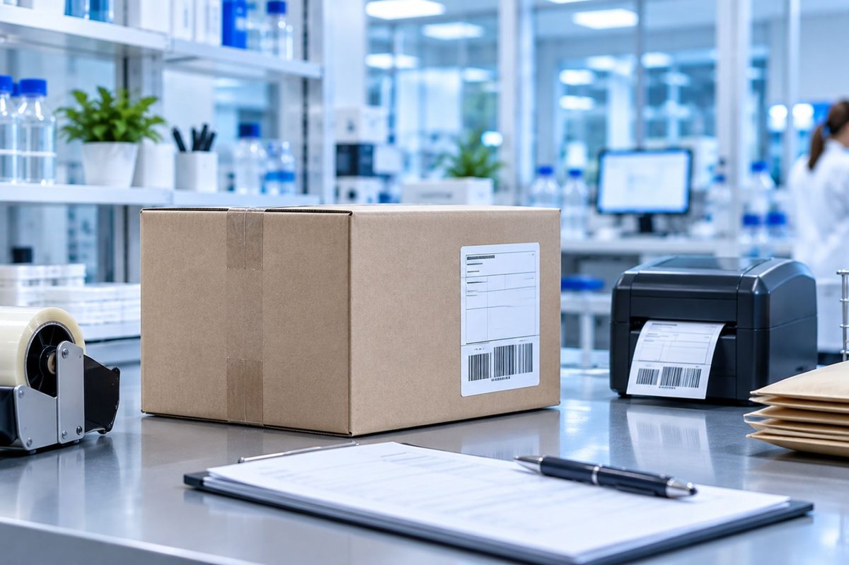Plain shipping box, tape and label printer on a bench
