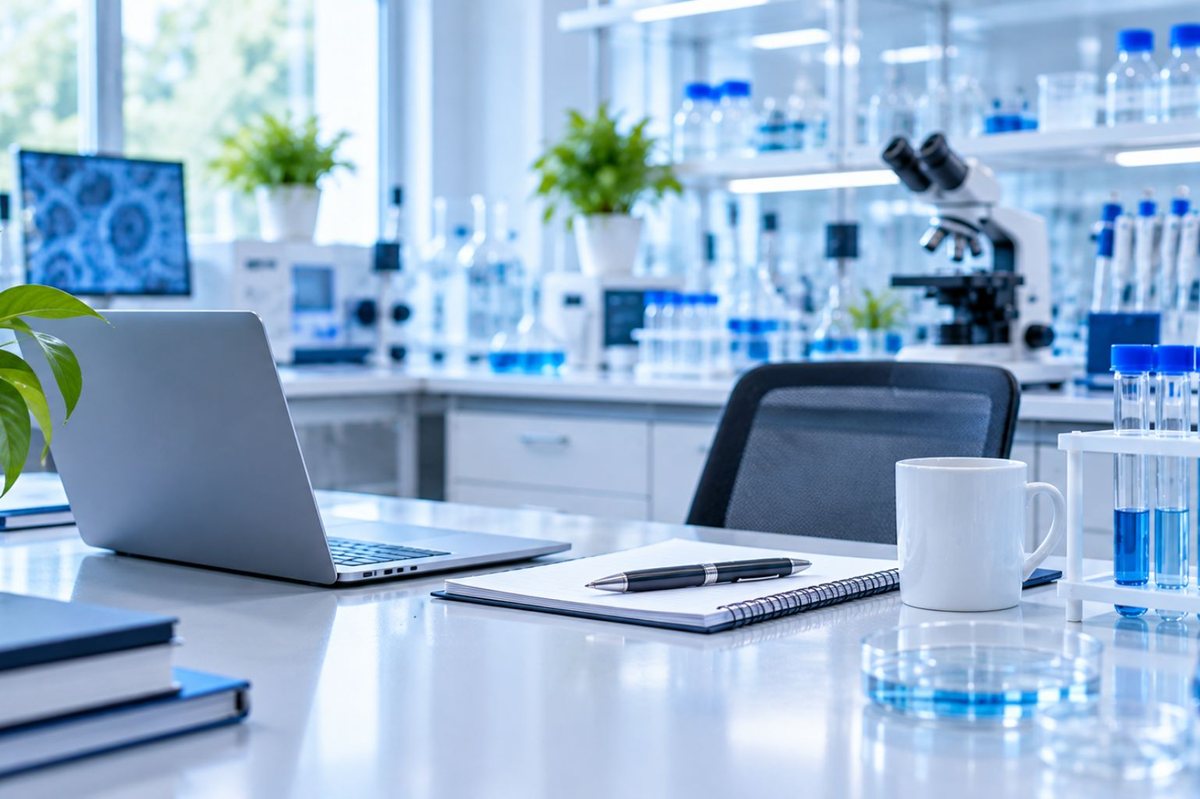 Laptop and notebook on a laboratory desk